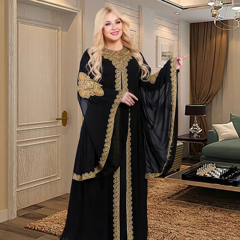 Women Abaya Party Dresses Muslim Caftan 2 Piece Set Eid Flare Sleeves Robe Embroidered Gold Lace Dress Suit Jalabiya Ramadan