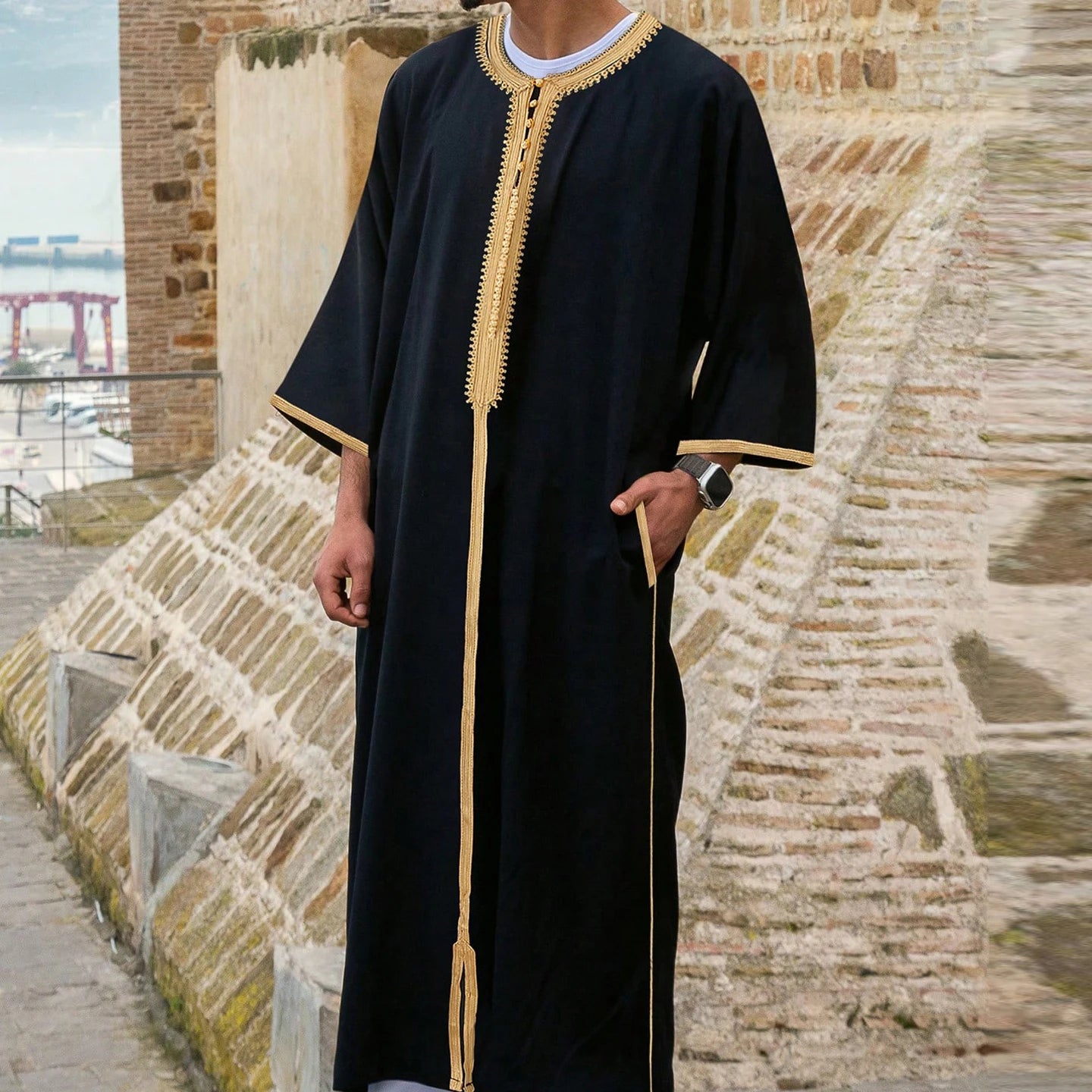 New Muslim Men's Thobe Embroidery Splicing Moroccan Luxury Elegant Robe Kandora Men's Burqa Islamic Loose Traditional Clothing
