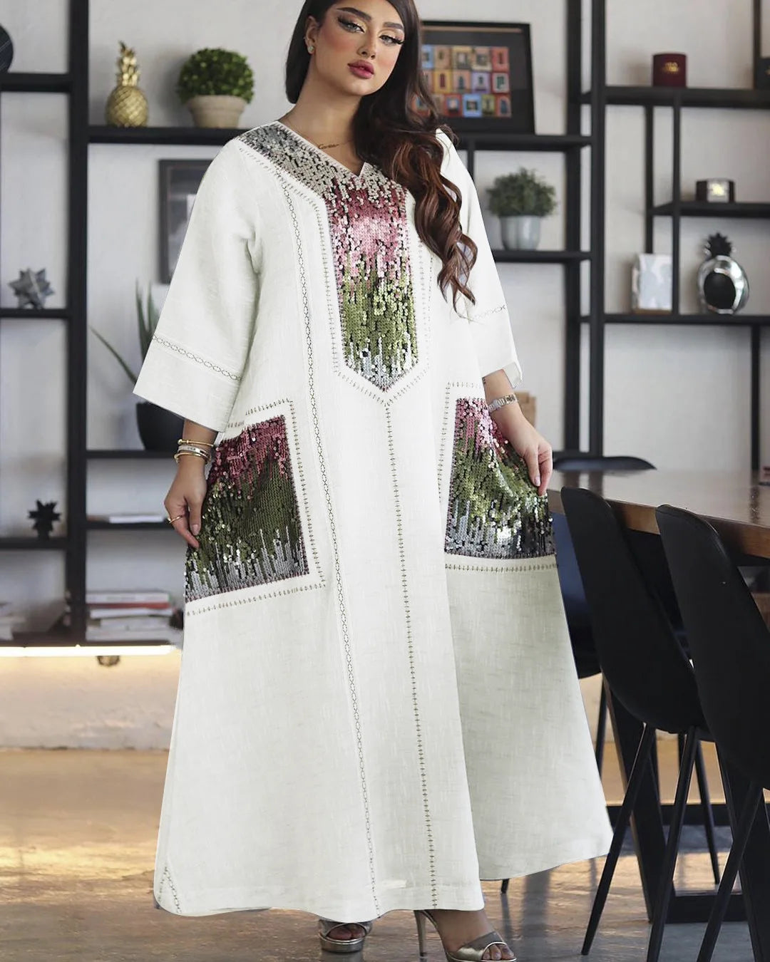 Eid Muslim Party Dress for Women Abaya Sequins Maxi Evening Long Dresses Jalabiya Morocco Dubai Abayas Kaftan Vestidos Long Robe