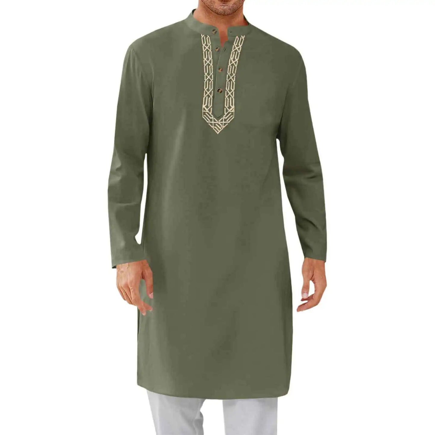 Eid Muslim Shirt Men Modest Tops Long Sleeve Button Embroidery Dubai Saudi Prayer Kaftan Robe Male Shirts Islamic Ramadan
