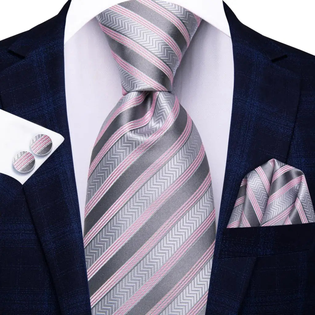 Hi-Tie Men Fashion Striped Navy Blue Necktie Handkerchief Cufflinks for Tuxedo Accessory Classic Silk Luxury Tie for Man Gift