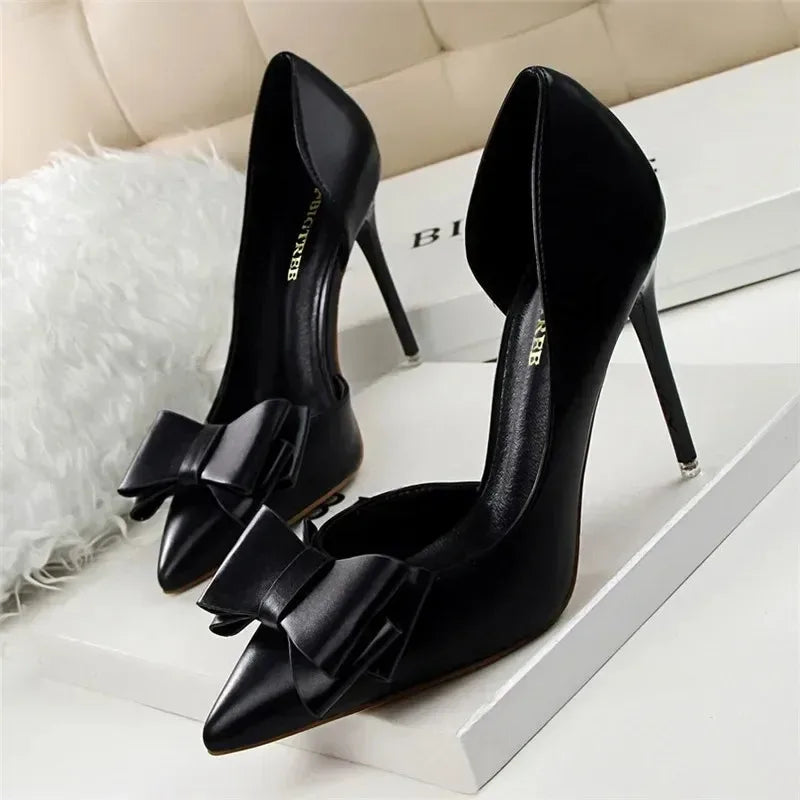 2025 Fashion Delicate Sweet Bowknot High Heel Shoes Side Hollow Pointed Women Pumps Pointed Toe 10.5CM thin Dress Shoes