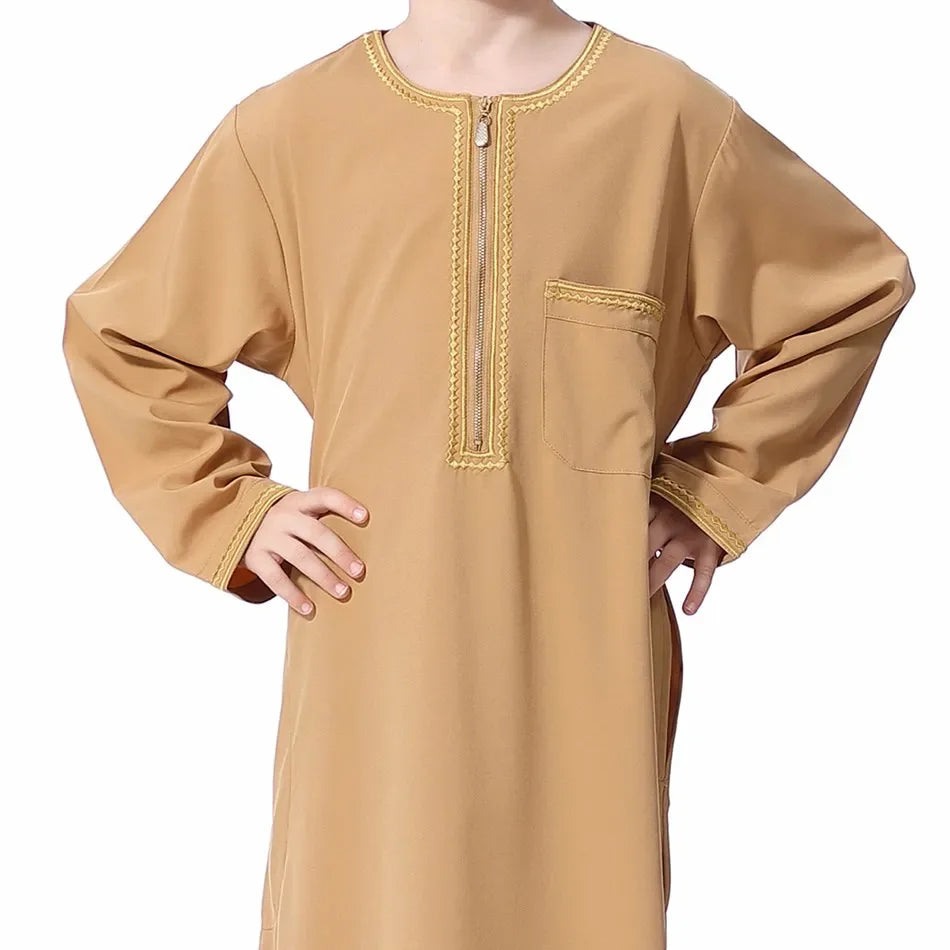 Teenage Boys' Summer Muslim Robe Kids Arab Folk Clothes Boys Solid Color Thobe 5-14 Years National Outfit for Children New