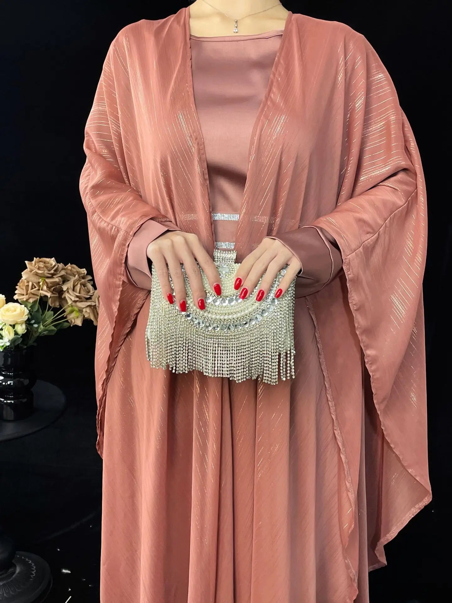 Eid Dress Suit Open Abaya Women Cardigan Dresses 2 Piece Set Jalabiya Muslim Ramadan Dubai Kaftan Party Vestidos Robe Morocco