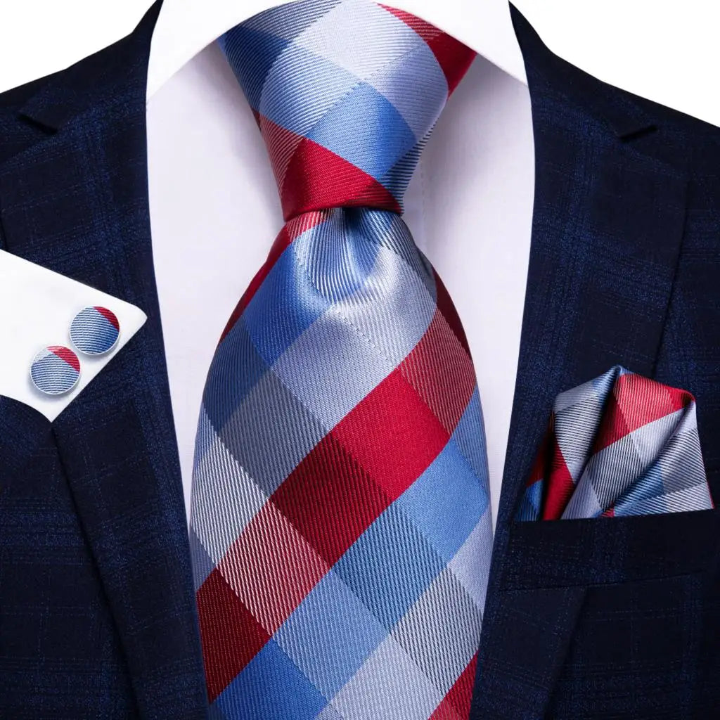 Hi-Tie Plaid Silk Tie For Men Elegant Mens Blue Grey Necktie Pocket Square Cufflink Groom Wedding Accessory Wholesale Designer