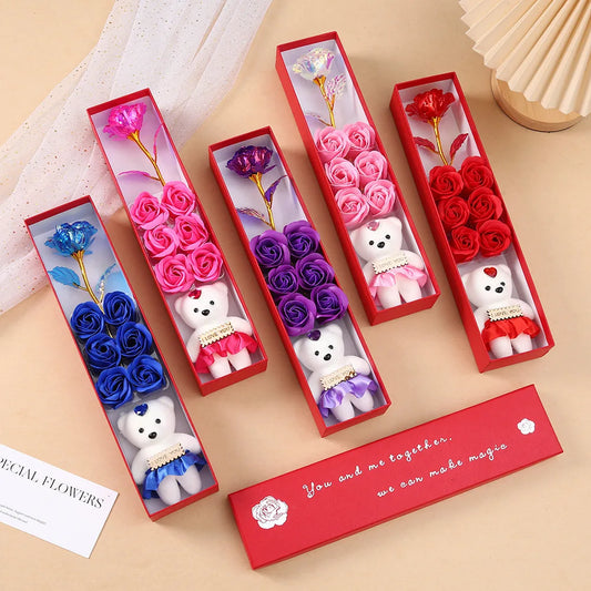 6Heads Flowers Soap Flower Gift Rose Box Valentines Day Gift Bears Bouquet Wedding Decoration Gift Festival Heart-shaped Box