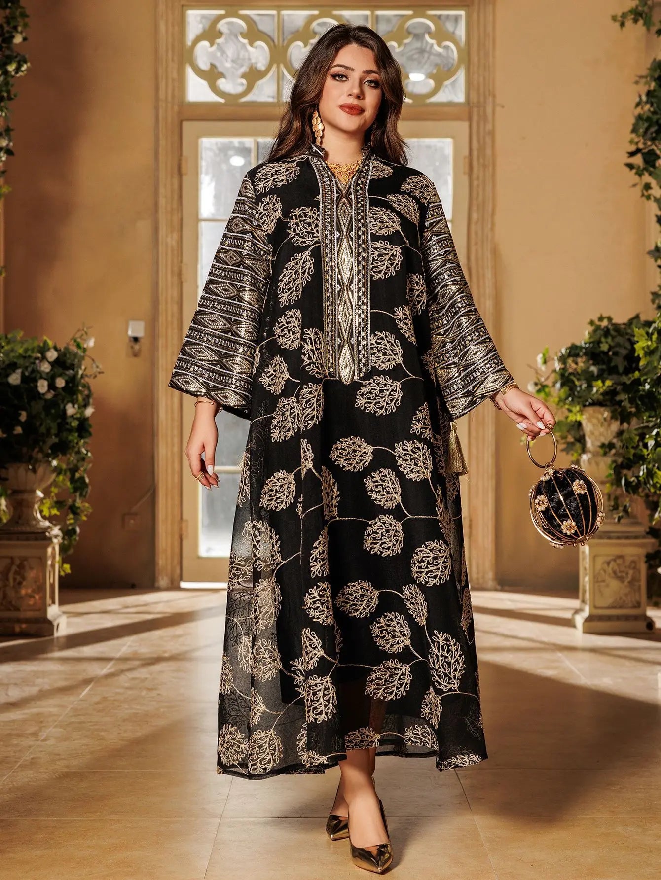 Muslim Women's Light Blue Islamic Embroidered Abaya with Gold Detailing Ideal for Formal Events in Middle East like UAE Saudi