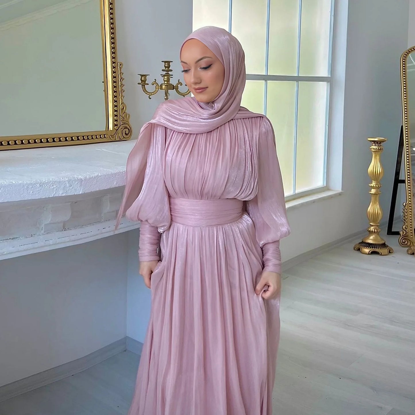 Eid Abaya Modest Muslim Dresses for Women Cuff Sleeves Wrinkle Evening Party Maxi Dress Jalabiya Islamic Clothing Kaftan Robe