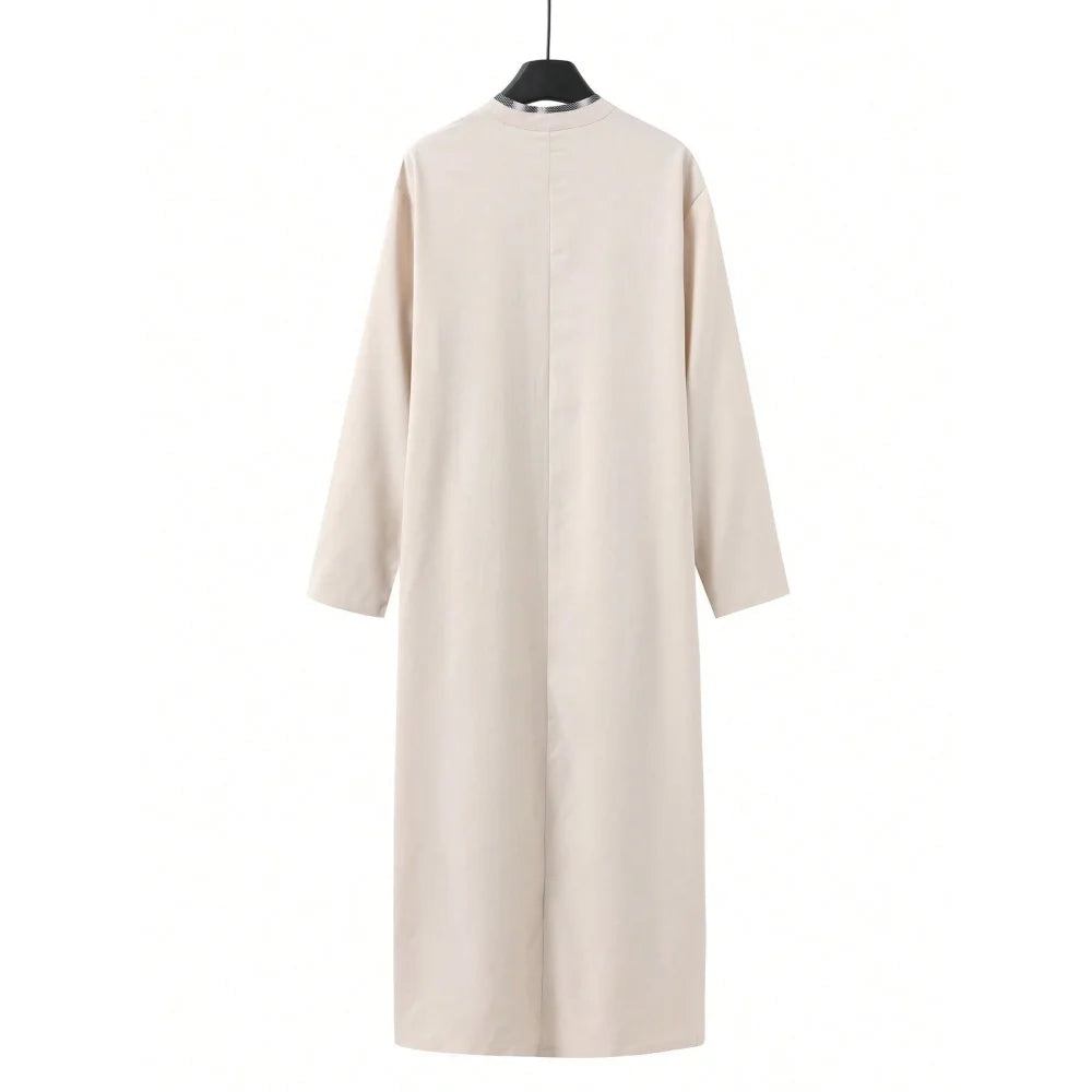 New Muslim Men's Robe Light Grey Elegant Retro Middle Eastern Ethnic Style Printed Button Men's Robe Simple Loose Casual Robe