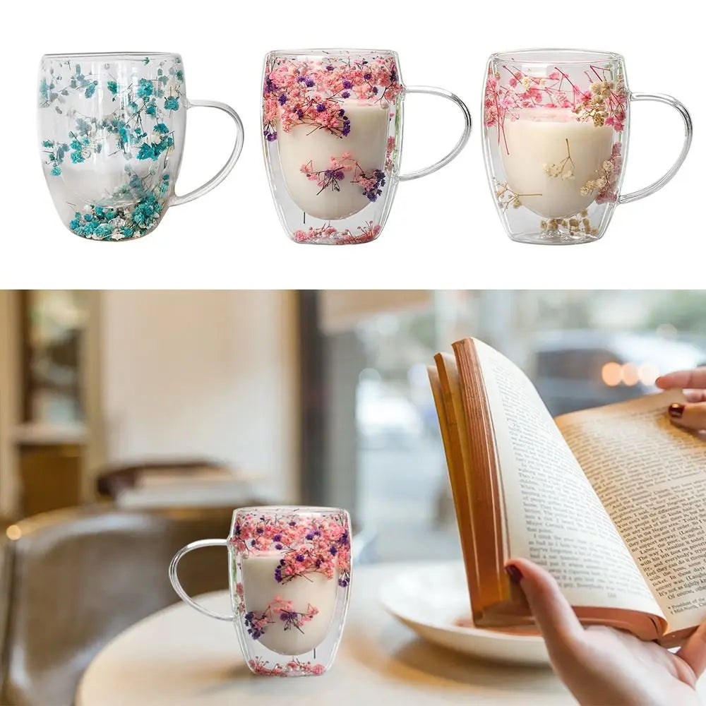 350ml Dried Flower Double Walled Glass Mug Cup Coffee Mug with Dry Flowers Decorative Creative Flower Mug Double Wall Flower Cup