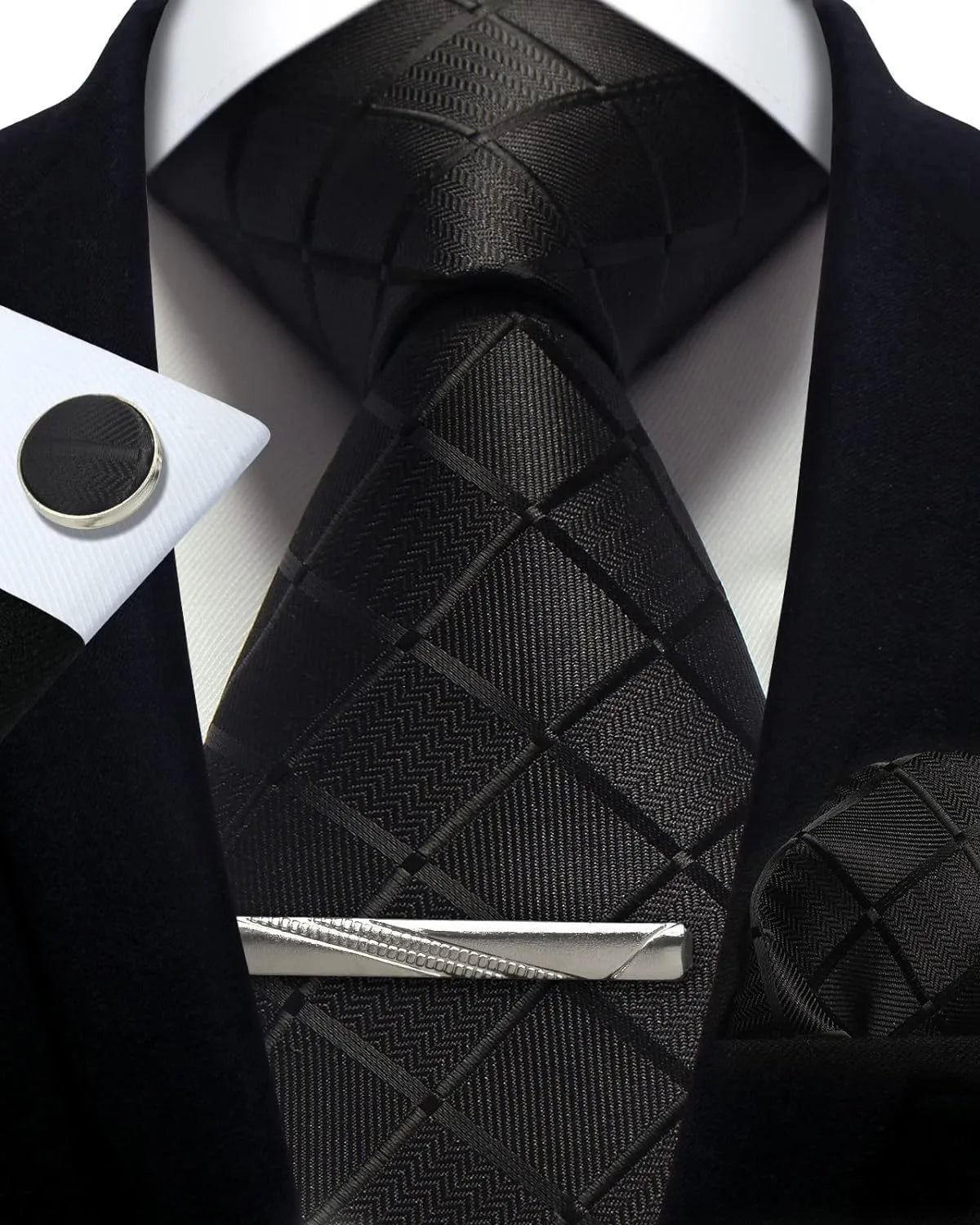 100% Silk Ties for Men Plaid & Checks Tie Clip Handkerchief Woven Classic Men's Necktie Pocket Square Set Formal Wedding Ties