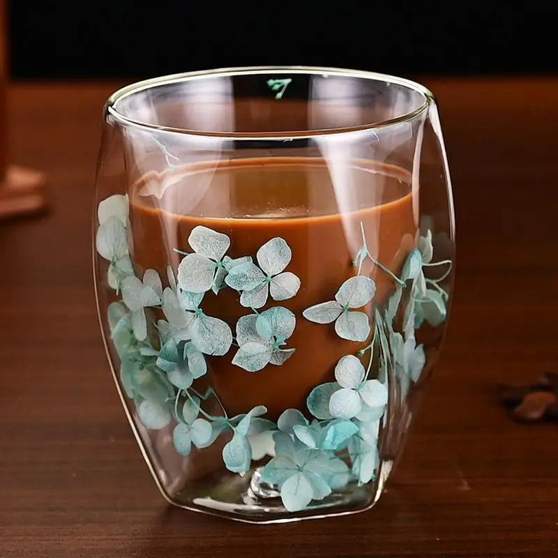 Dried Flower Double Wall Clear Glass Coffee Mugs Dried Flower Decorated Coffee Cup Milk Mug Heat Insulation Coffee Cup 350ml