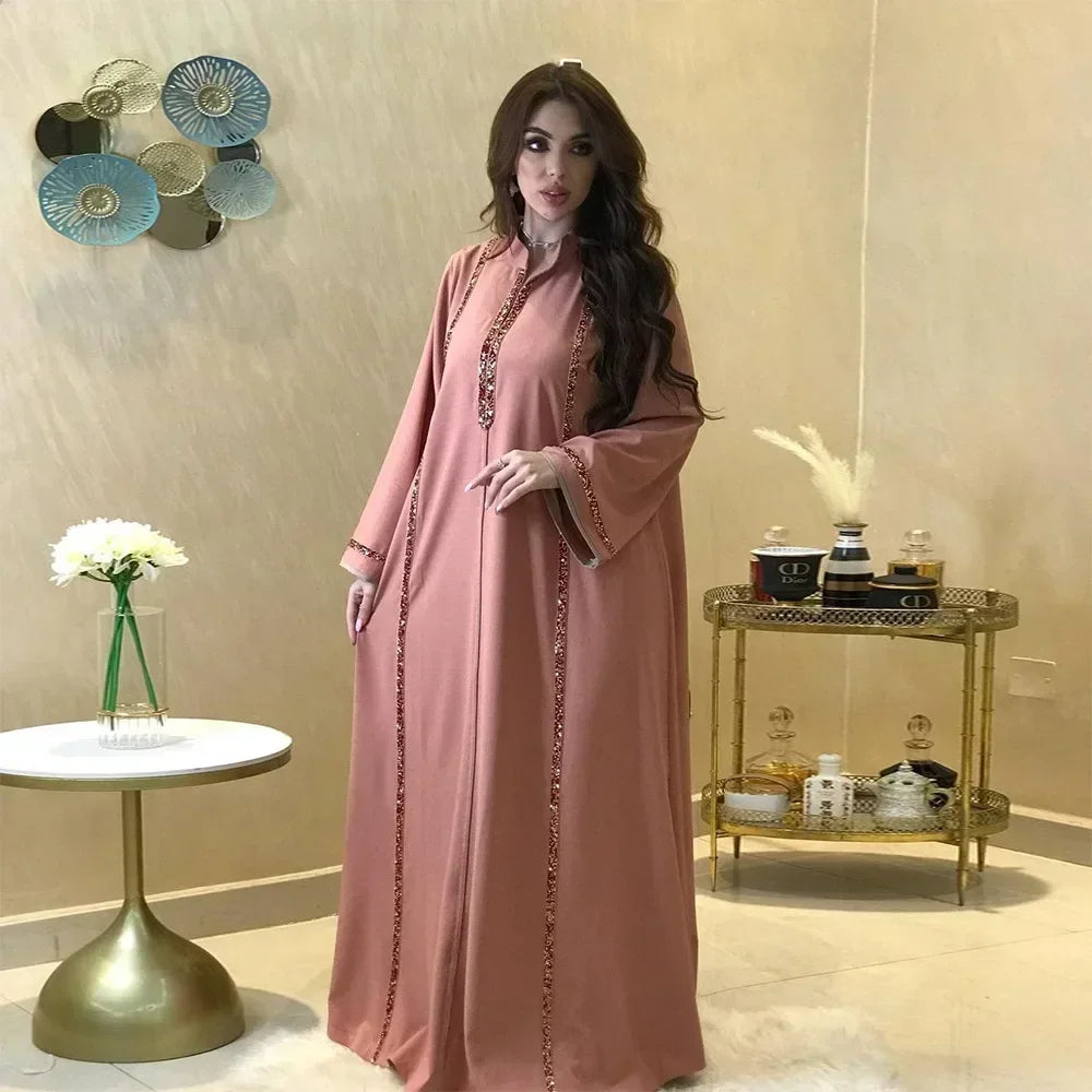 Ramadan Abaya Femme Musulmane Moroccan Kaftan for Woman Fashion Solid Diamonds Full Sleeve Loose Turkish Dubai Robe