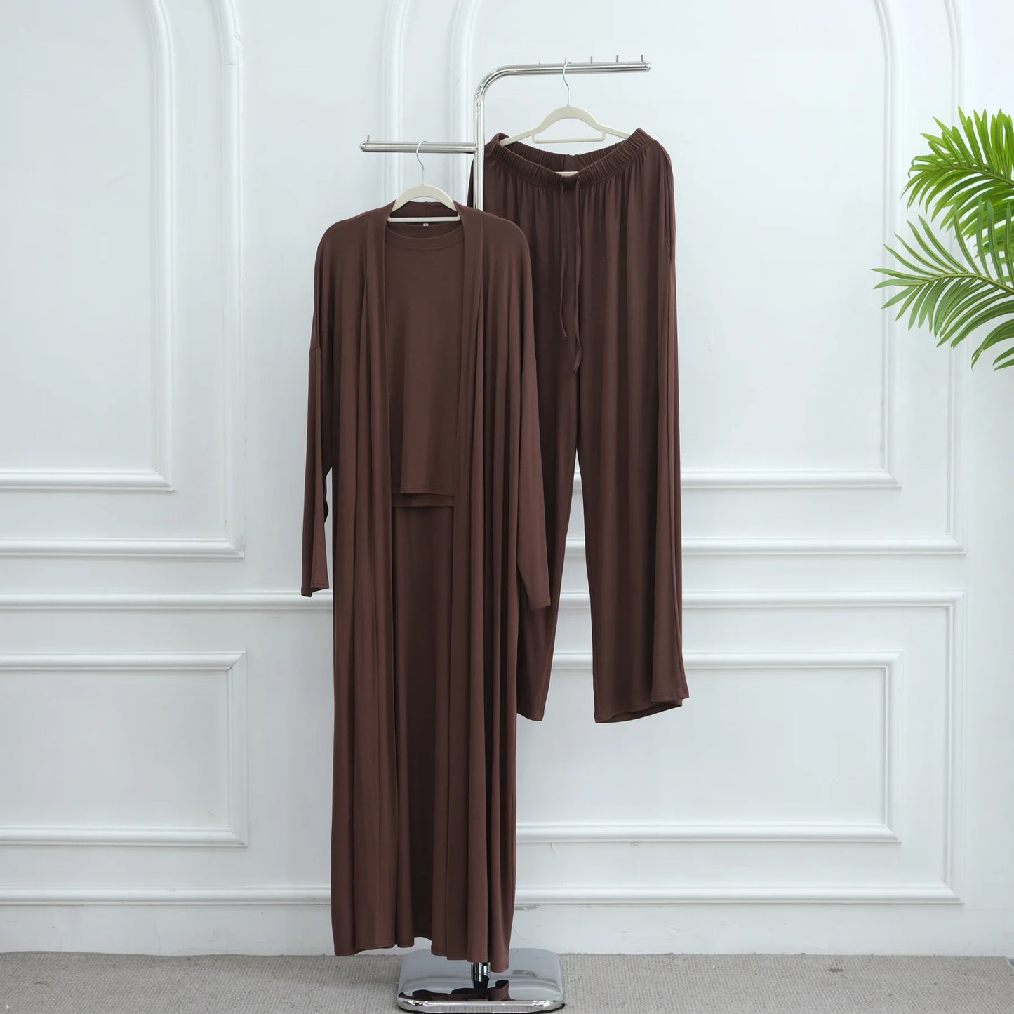 Muslim 3 Piece Set Women Cardigan Shirt Wide Leg Pant Blouse Top Suit Musulman Ensemble Dubai Casual Femme Outfits Solid Casual