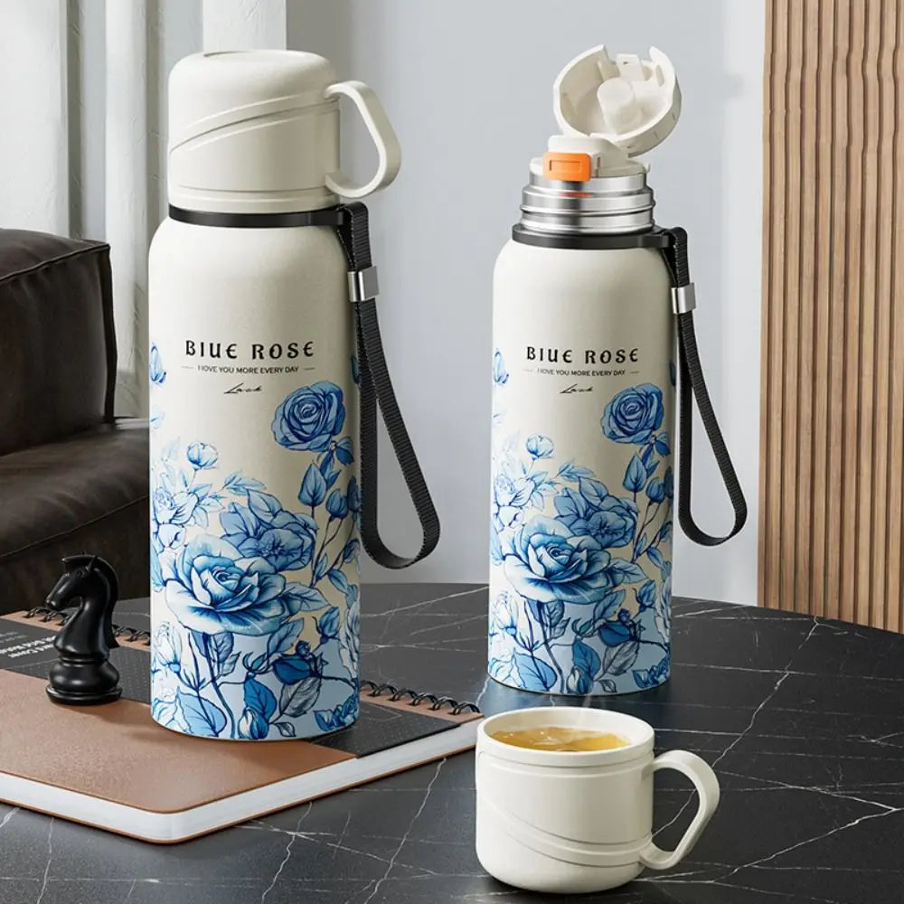 620ml Flower Pattern Thermos Bottle with Filter Stainless Steel Travel Mug Large-capacity Double Wall Thermal Cup Travel