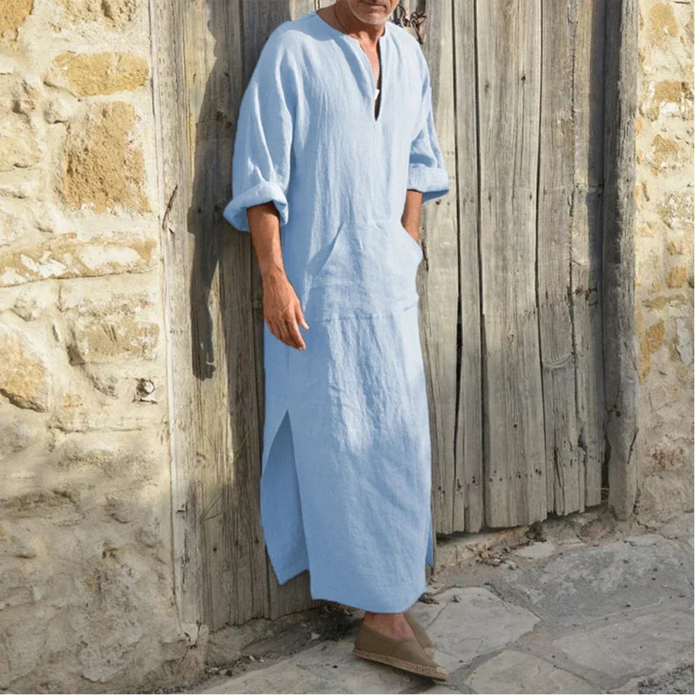 YUFEIDA Men Long Linen Jubba Thobe Kaftan Muslim Arab Islamic V-neck Long Sleeve Solid Cotton Linen Robe Muslim Arabia Man Abaya