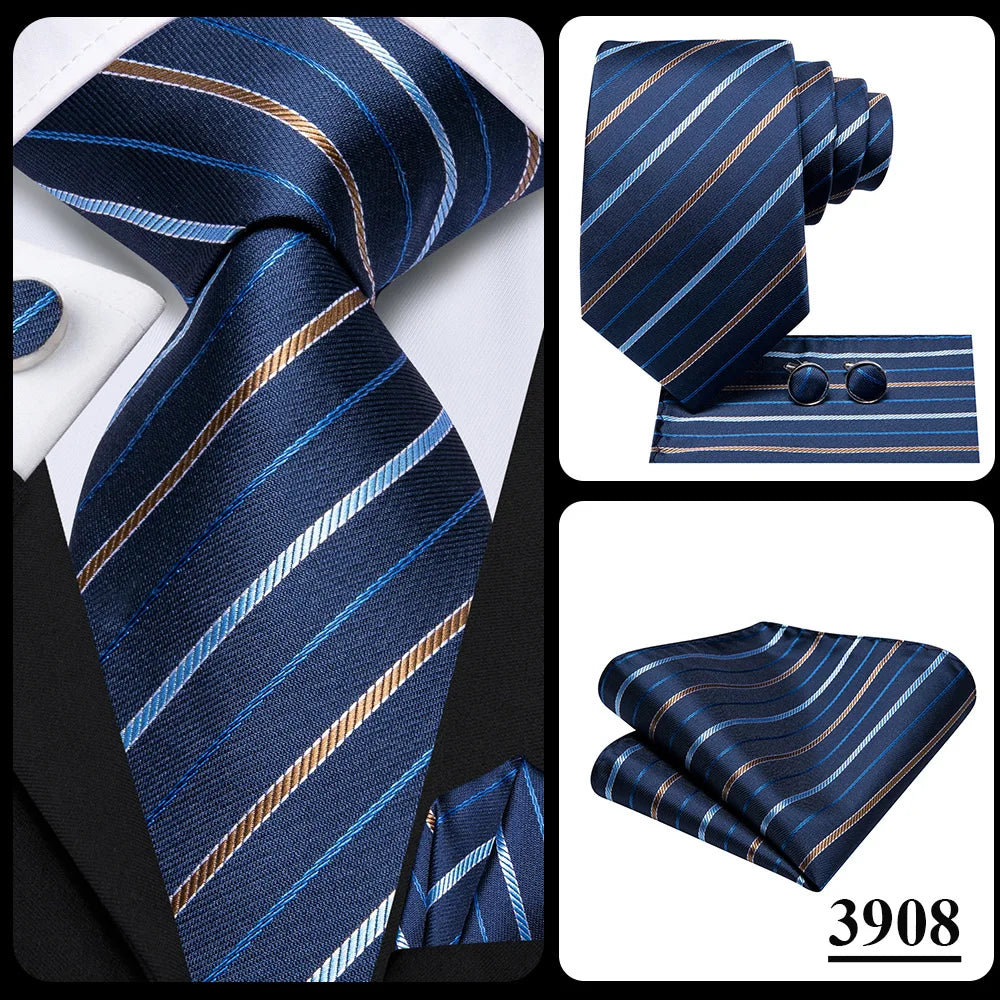 Hi-Tie Men Fashion Striped Navy Blue Necktie Handkerchief Cufflinks for Tuxedo Accessory Classic Silk Luxury Tie for Man Gift