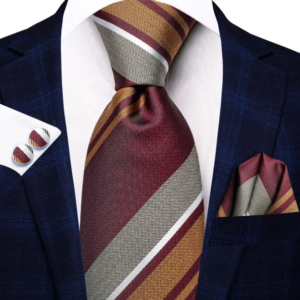 Hi-Tie Men Fashion Striped Navy Blue Necktie Handkerchief Cufflinks for Tuxedo Accessory Classic Silk Luxury Tie for Man Gift