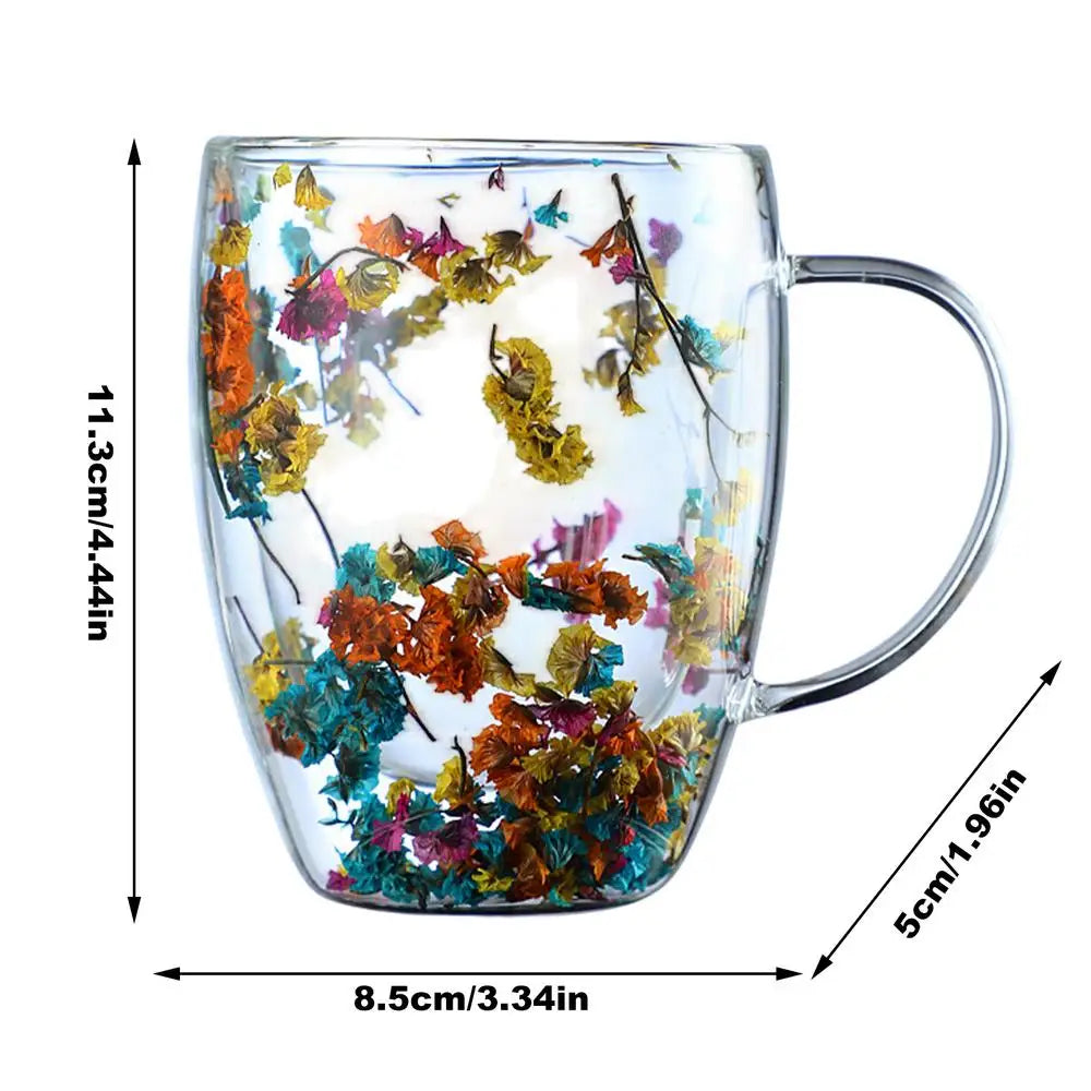 Aesthetic Dried Flower Glass Mug Double-Wall Insulated & Heat Resistant Perfect for Coffee, Tea, Office & Home Decor Gifts