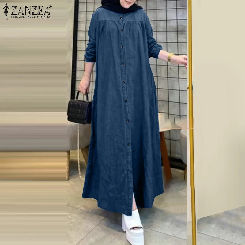 ZANZEA Ramadan Hijab Dresses Muslim Abaya Robe Femme Casual Long Sleeve Kaftan IsIamic Vestidos Women Denim Blue Maxi Dress 2025