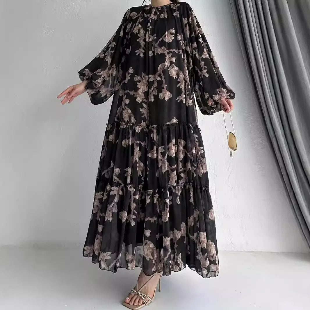 Eid Chiffon Women Dress Abaya Flower Print Muslim Vestidos Largo Dubai Kaftan Arab Long Robe Ramadan Morocco Dresses Jalabiya