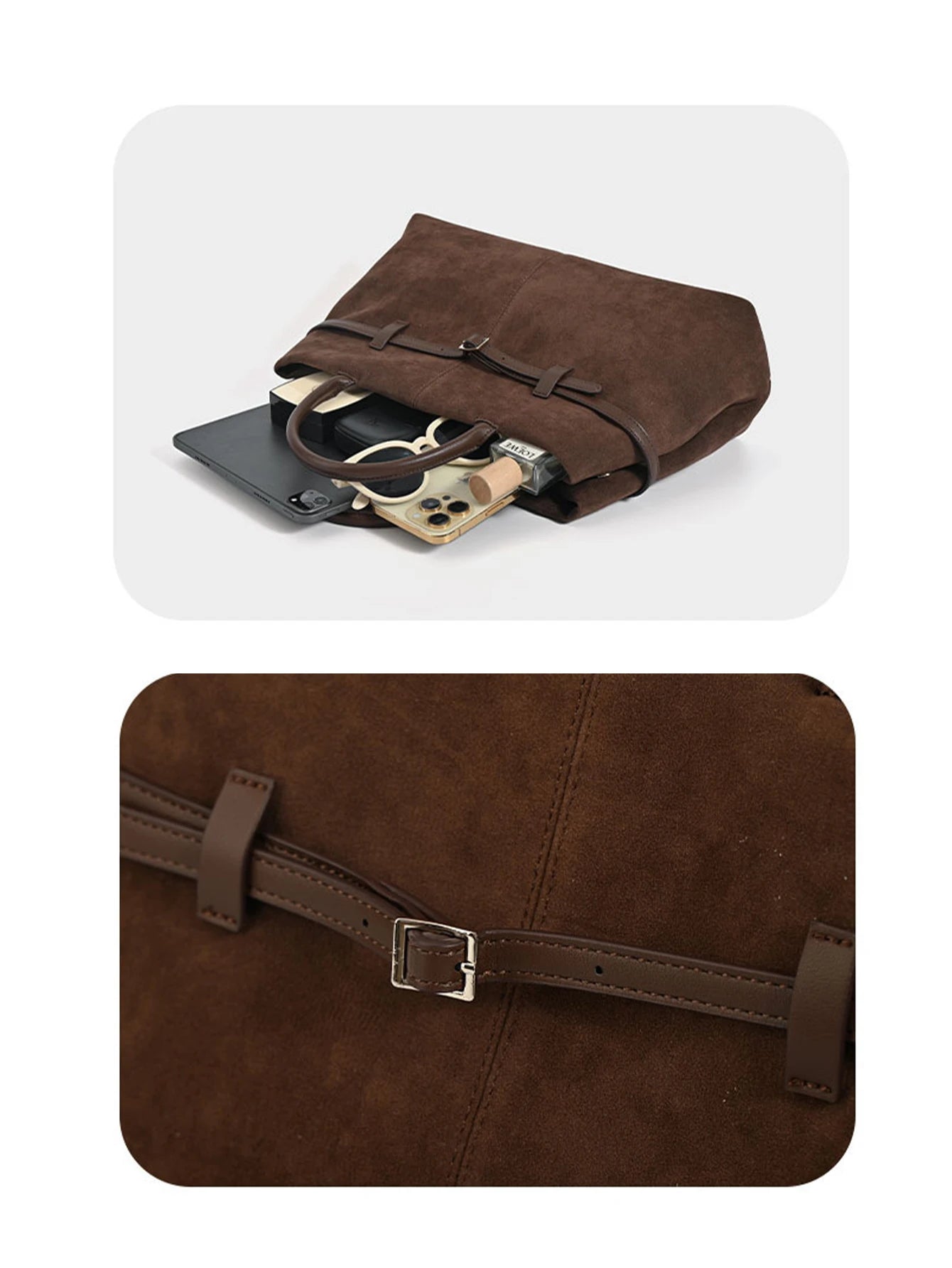 Women's handbag, French retro suede handbag, high-end buckle commuting handbag, suede large capacity crossbody bag,