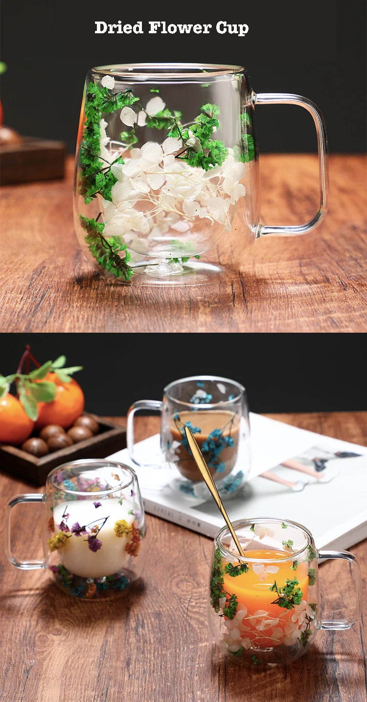 Dried Flower Coffee Mug Double Wall Glass Cup Home Party Cups Cafe Tea Milk Juice Cups For Mother Gift Girls Christmas Gifts