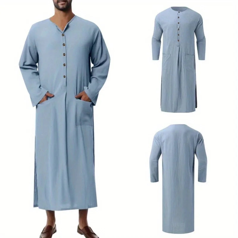 Dubai Style Loose Stand Collar Long Sleeve Thobe Traditional Islamic Casual Wear for Daily Use
