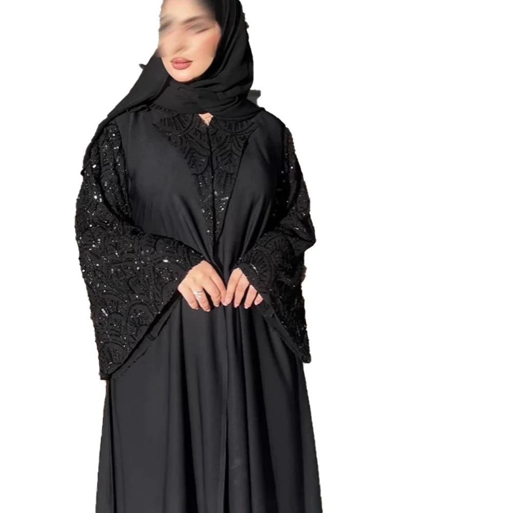 2025 Ramadan Black Open Include Hijab Turban Abaya Dubai Luxury Islamic Clothing Muslim Dress Black Beaded Dubai Abaya For Women