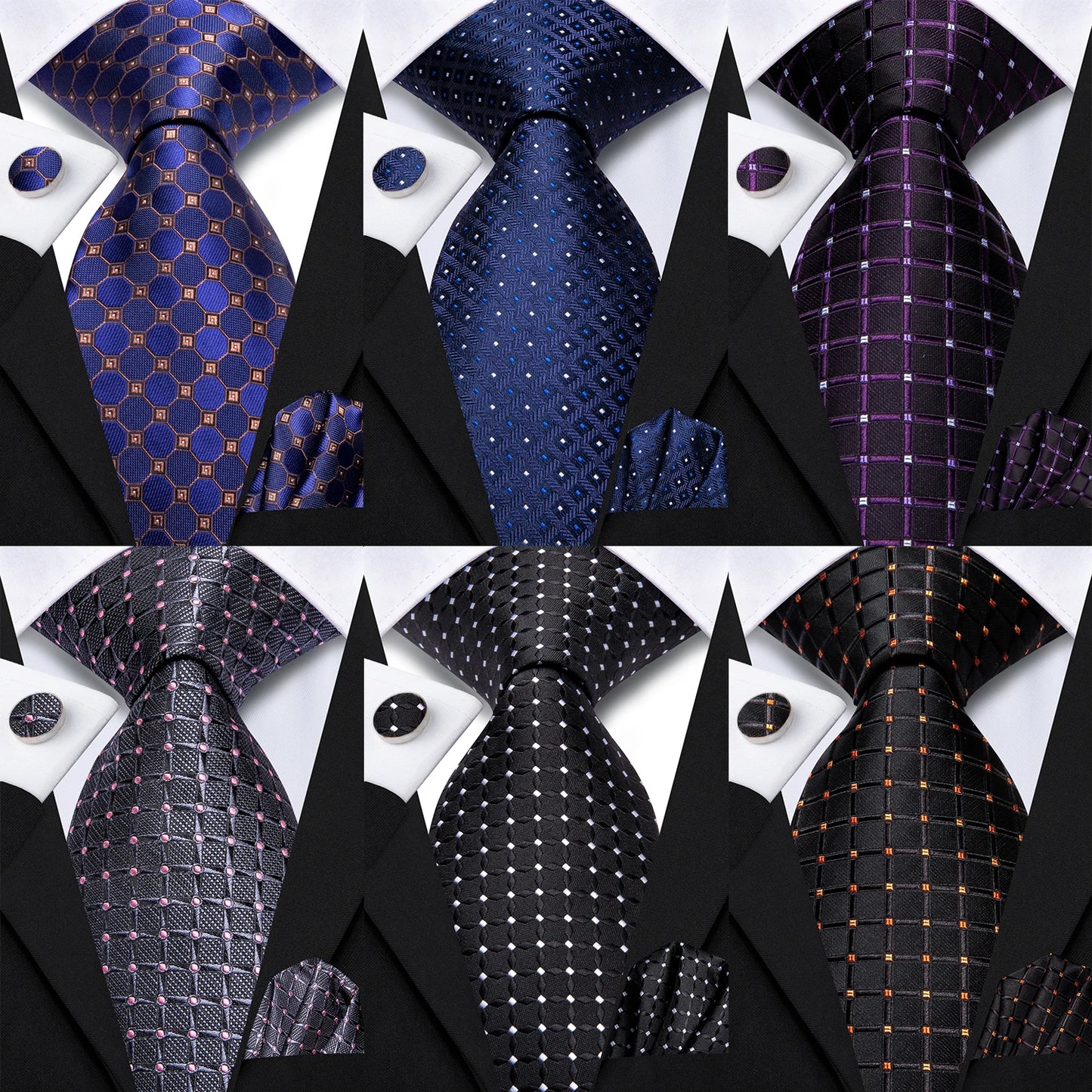 Hi-Tie Fashion 8.5cm Black Plaid Dots Men's Elegant Tie Handkerchief Cufflinks Set Wedding Party Accessories Gift for Men Gravat