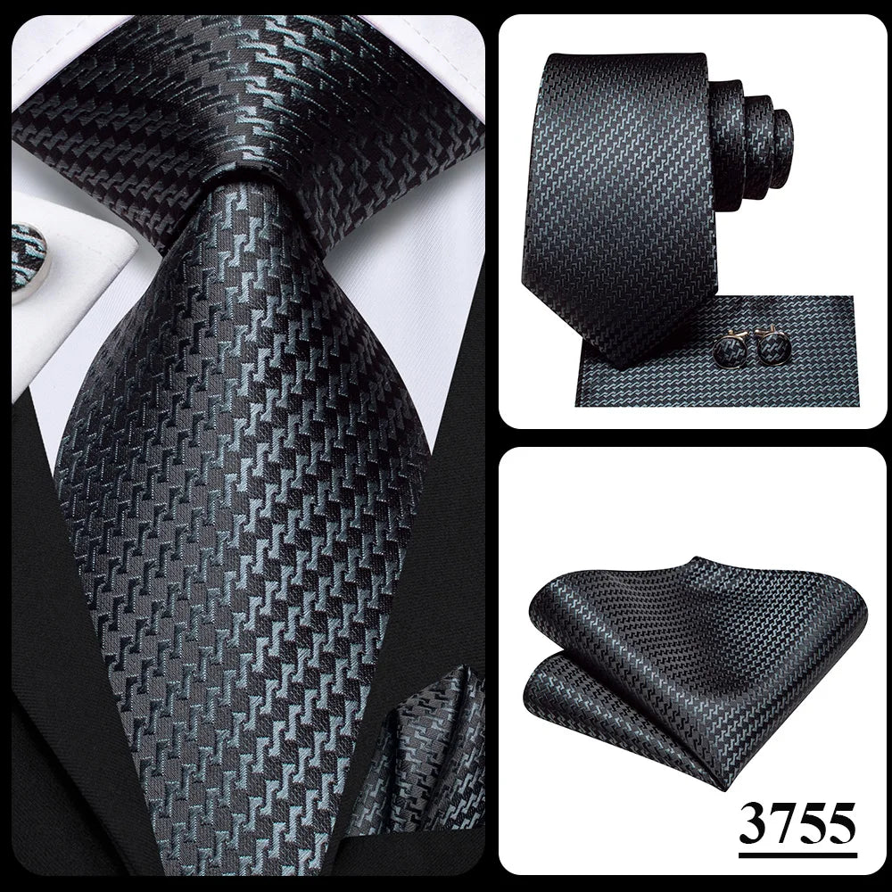 Hi-Tie Men Fashion Striped Navy Blue Necktie Handkerchief Cufflinks for Tuxedo Accessory Classic Silk Luxury Tie for Man Gift