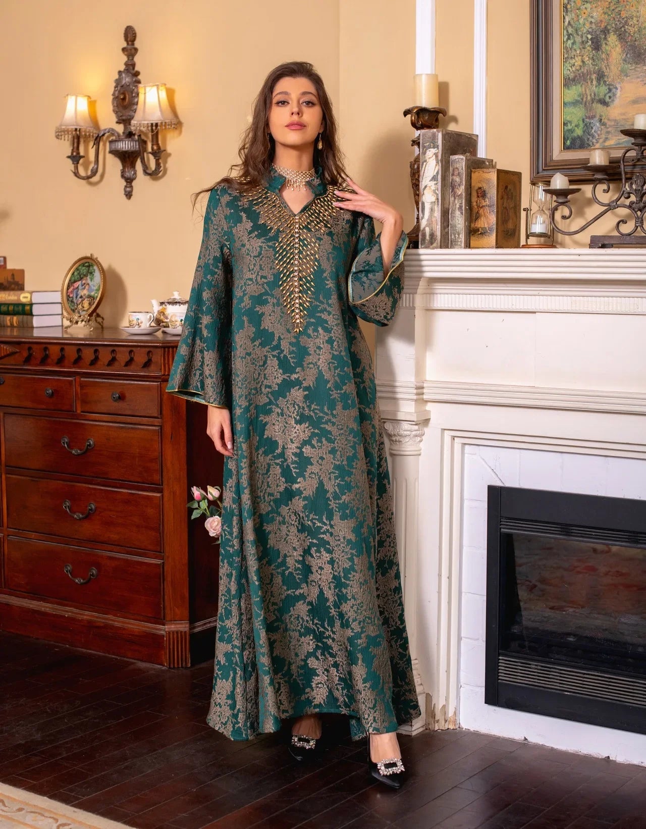 Eid Muslim Dress for Women Abaya Beading Stand Collar Jalabiya Morocco Party Dresses Abayas Kaftan Abaya Vestidos Arab Long Robe