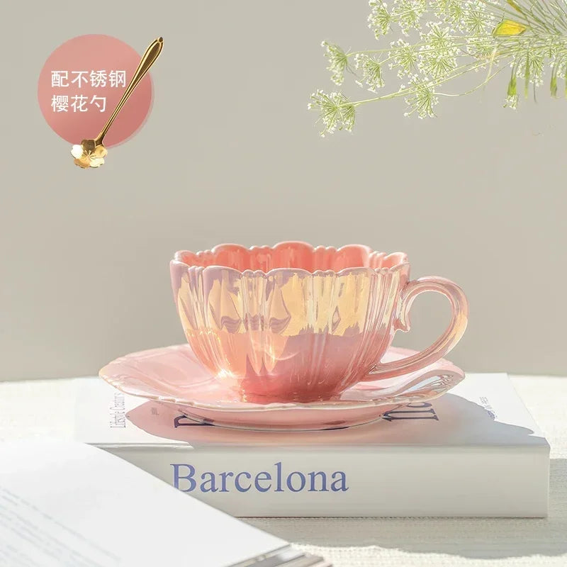 Pearl Petal Ceramic Cup Coffee Cup and Saucer Afternoon Tea Red, White & Blue Coffee Mug Milk Tea Cups Mugs Teacup Drinkware