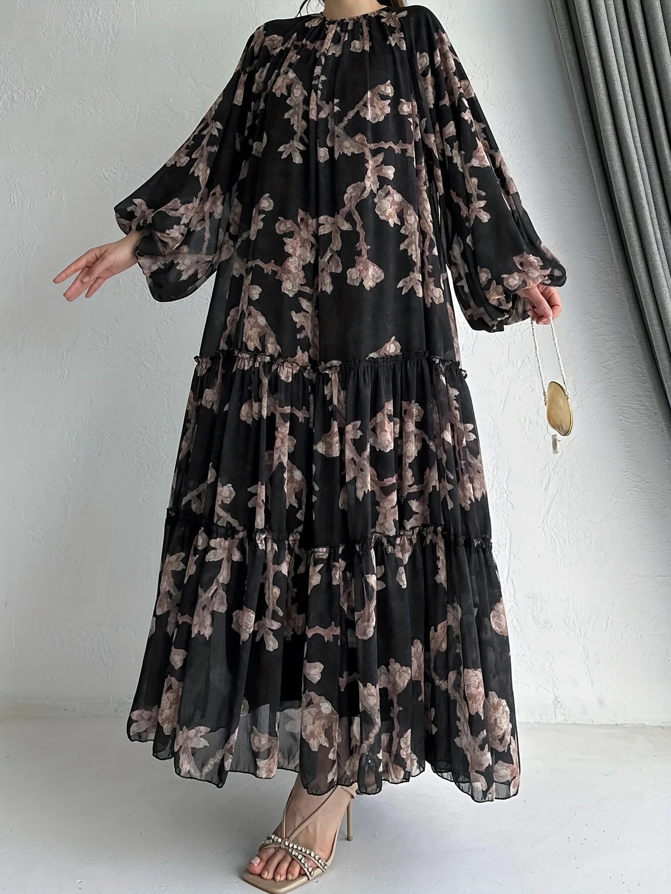 Eid Chiffon Women Dress Abaya Flower Print Muslim Vestidos Largo Dubai Kaftan Arab Long Robe Ramadan Morocco Dresses Jalabiya