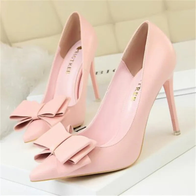 2025 Fashion Delicate Sweet Bowknot High Heel Shoes Side Hollow Pointed Women Pumps Pointed Toe 10.5CM thin Dress Shoes