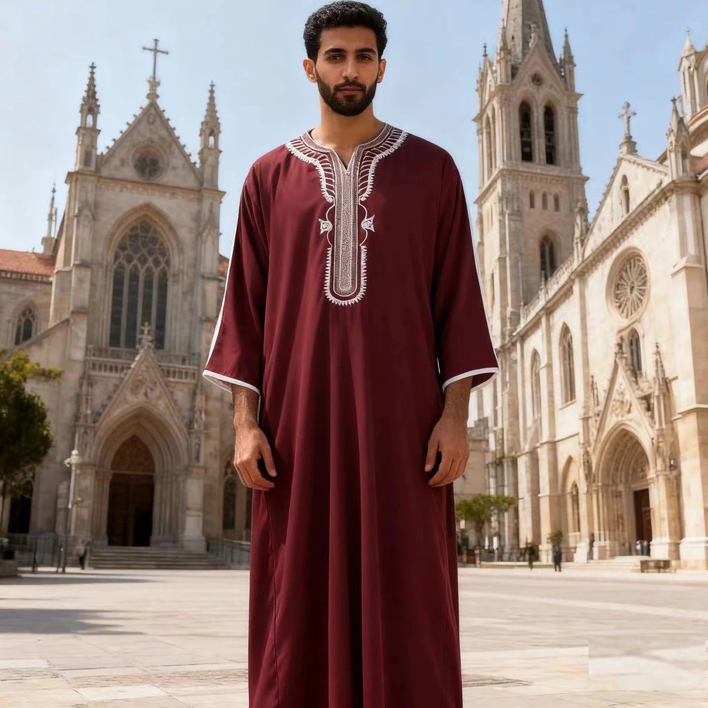 Arab Muslim Men's Robe  Ethnic Style Embroidered Moroccan Style Casual Traditional Islamic Thobe Long Dress Prayer Gown