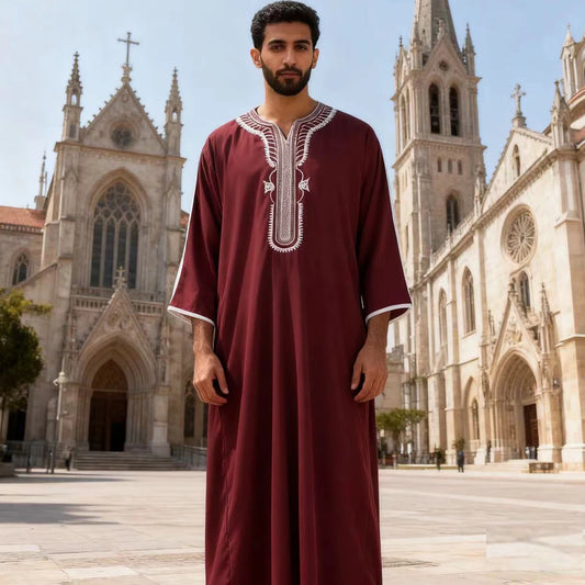 Arab Muslim Men's Robe  Ethnic Style Embroidered Moroccan Style Casual Traditional Islamic Thobe Long Dress Prayer Gown