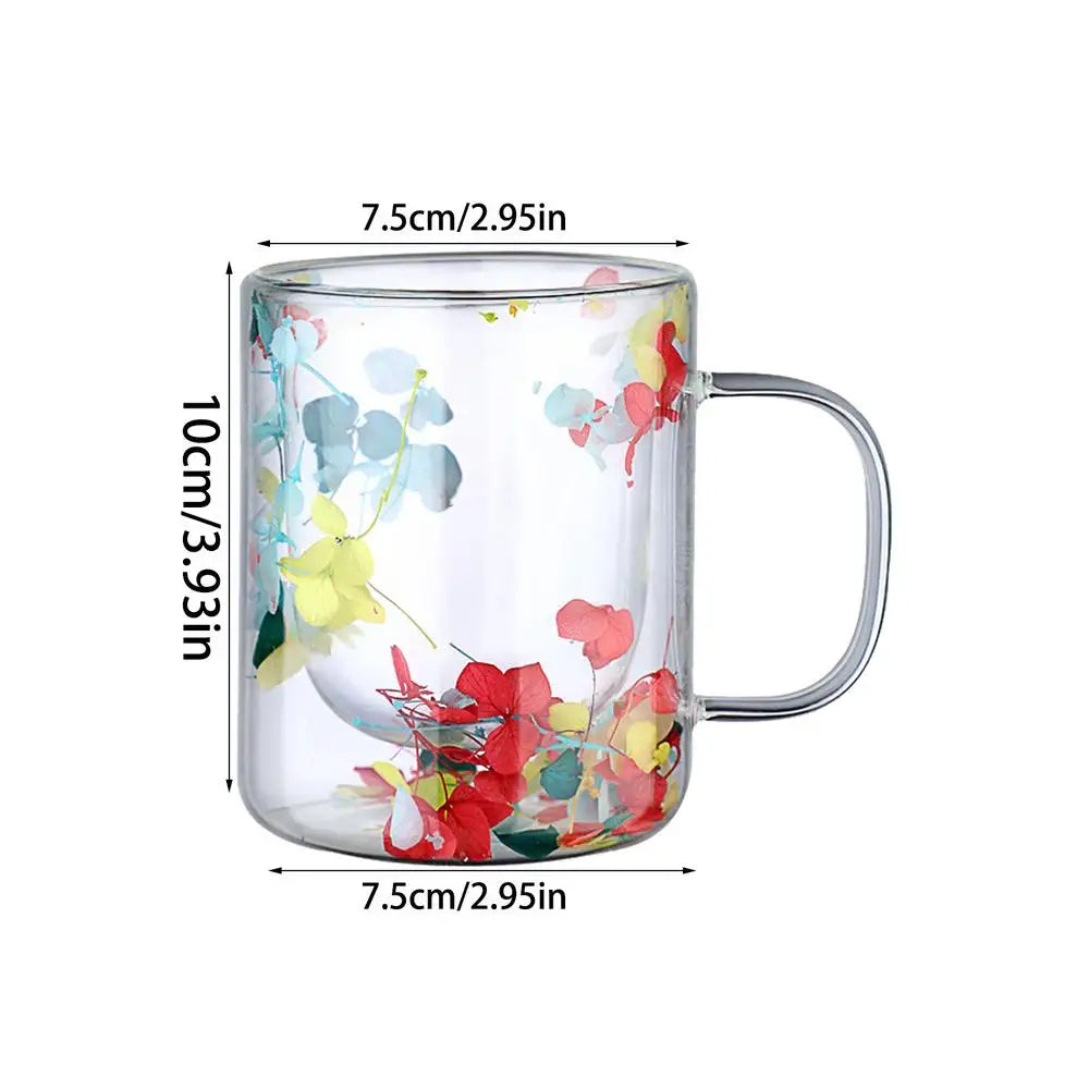 250ml Double Wall Glass Coffee Mug Dried Flowers Heat-Resistant Glasses Cup Flower Glass Mug Flower Decorated Coffee Cup tea cup
