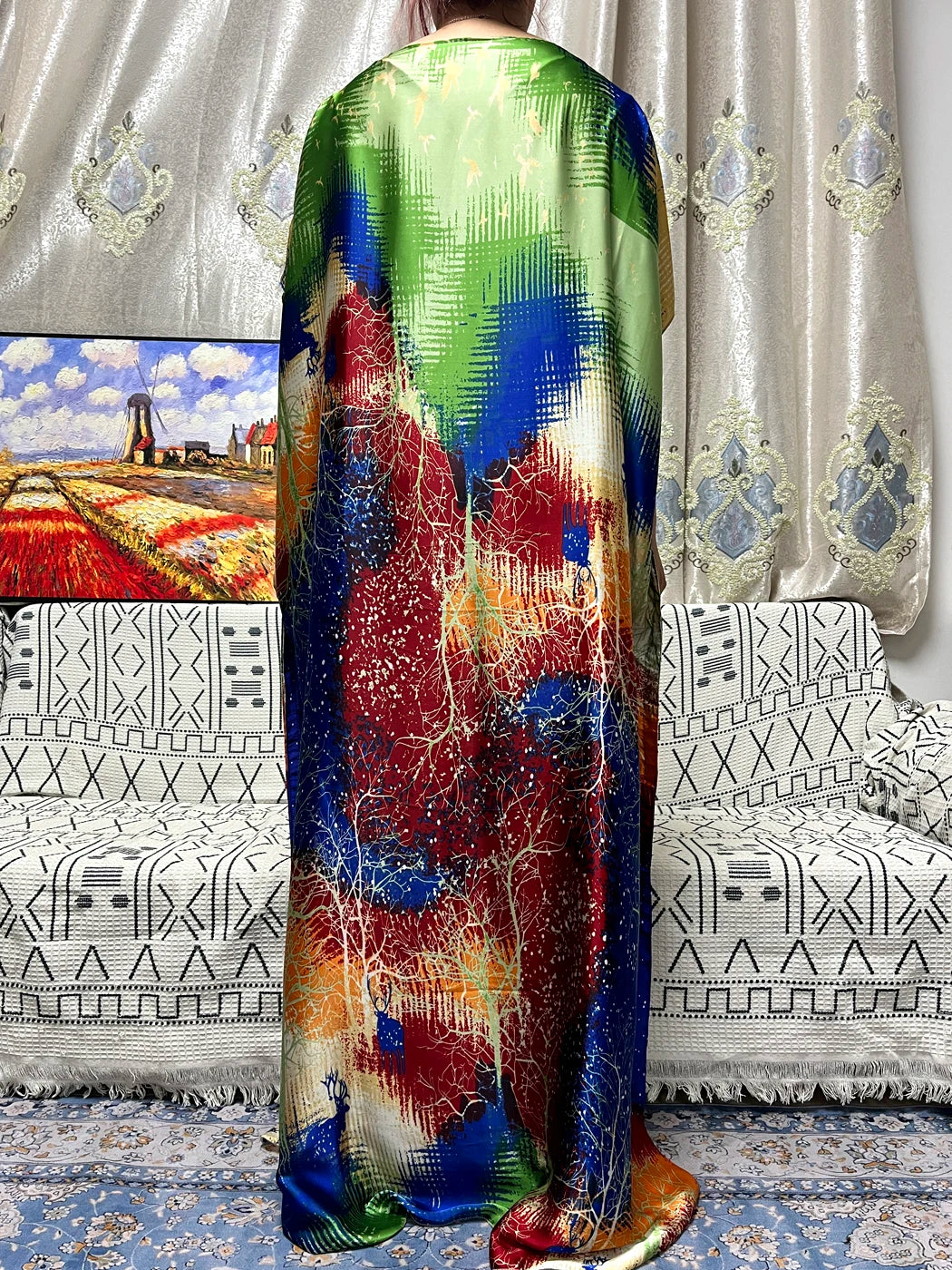 Abayas For Women 2023 Printed Silk Soft Loose Femme Robe Muslim Summer Fashion Clothing African Islam Woman Dresses With Turban