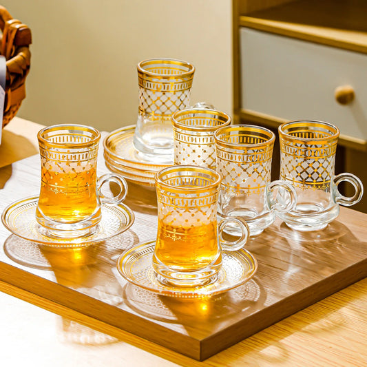 6 Pack Creative Transparent Glass Mug Hot Gold Embossed Flower Glass Coffee Latte Mug