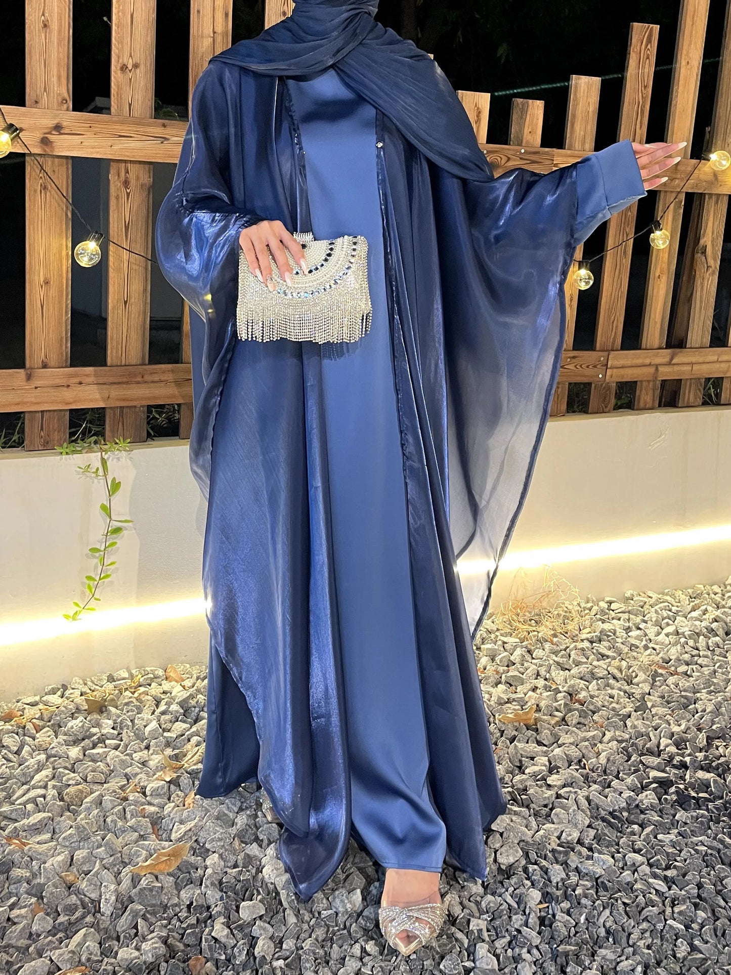 Cross-border foreign trade women's Muslim clothing Abaya solid color organza suit simple shawl outer skirt suit