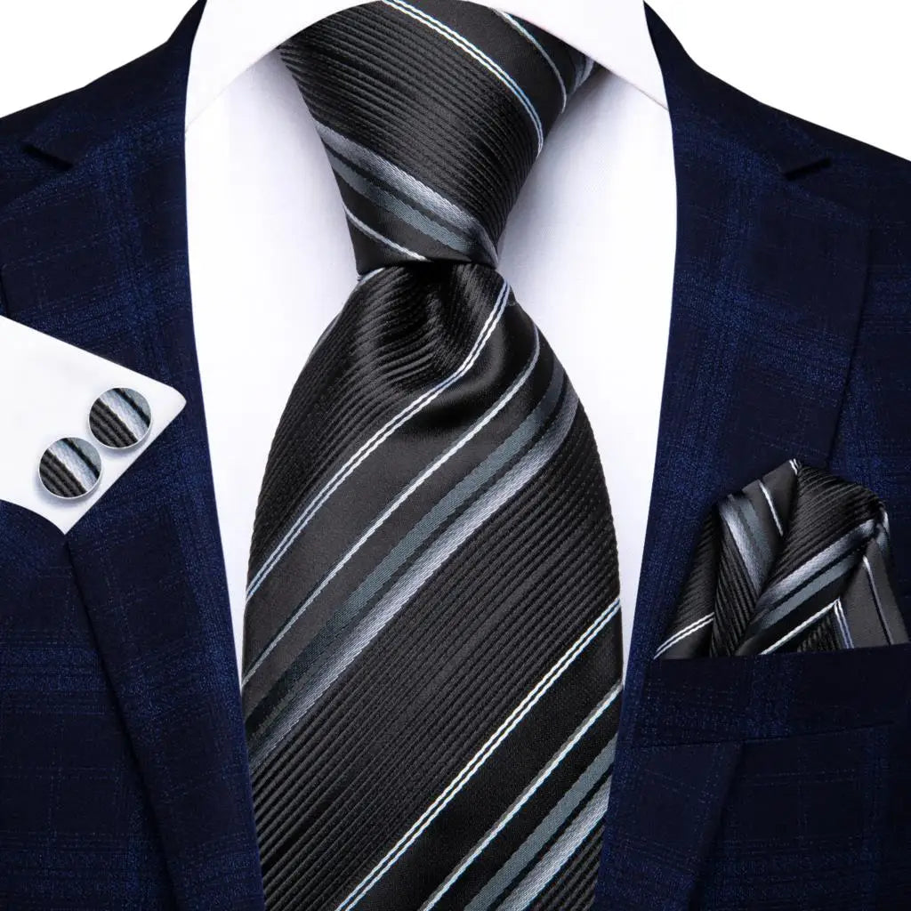 Hi-Tie Men Fashion Striped Navy Blue Necktie Handkerchief Cufflinks for Tuxedo Accessory Classic Silk Luxury Tie for Man Gift