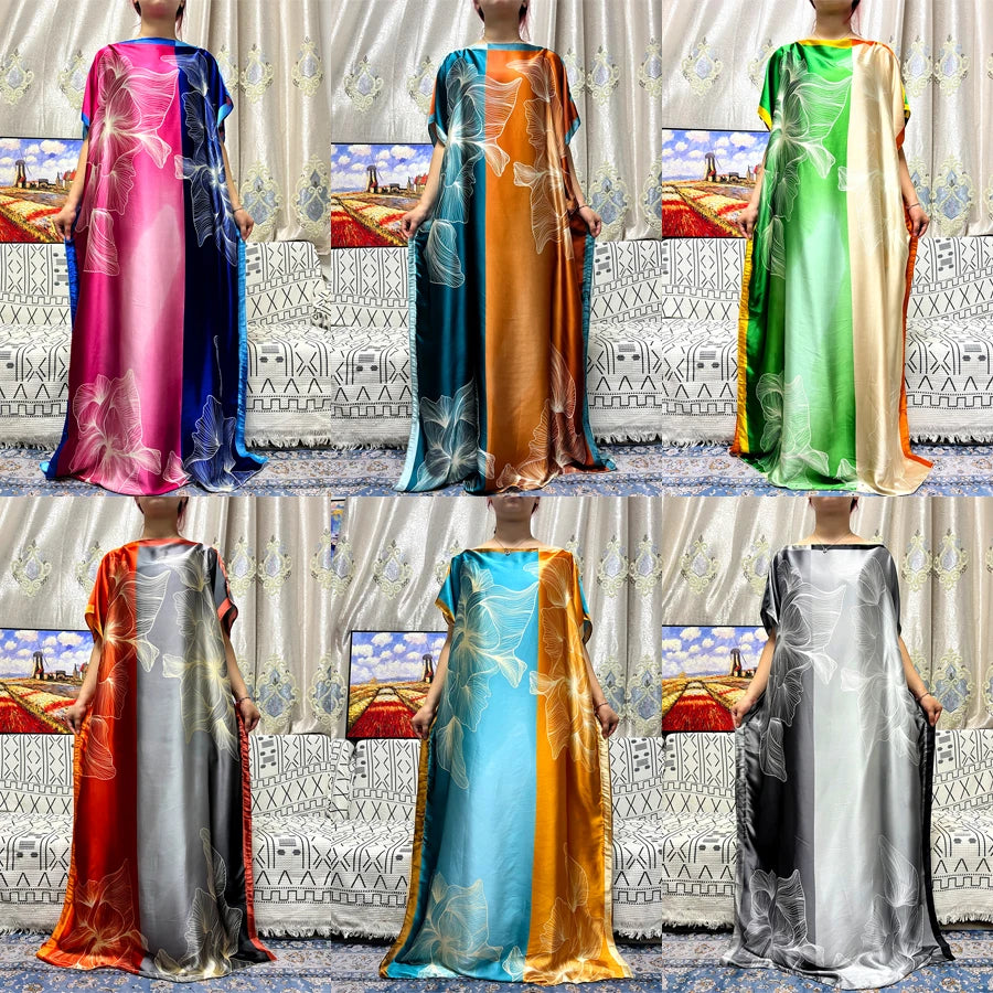 Abayas For Women 2023 Printed Silk Soft Loose Femme Robe Muslim Summer Fashion Clothing African Islam Woman Dresses With Turban