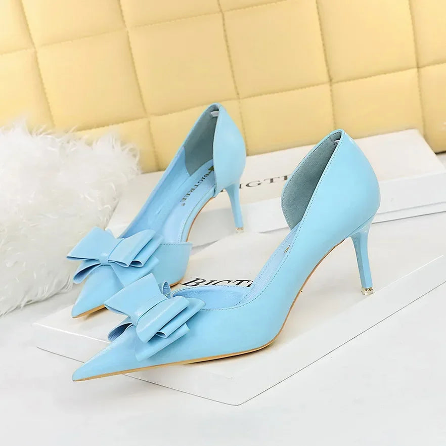2025 Fashion Delicate Sweet Bowknot High Heel Shoes Side Hollow Pointed Women Pumps Pointed Toe 10.5CM thin Dress Shoes