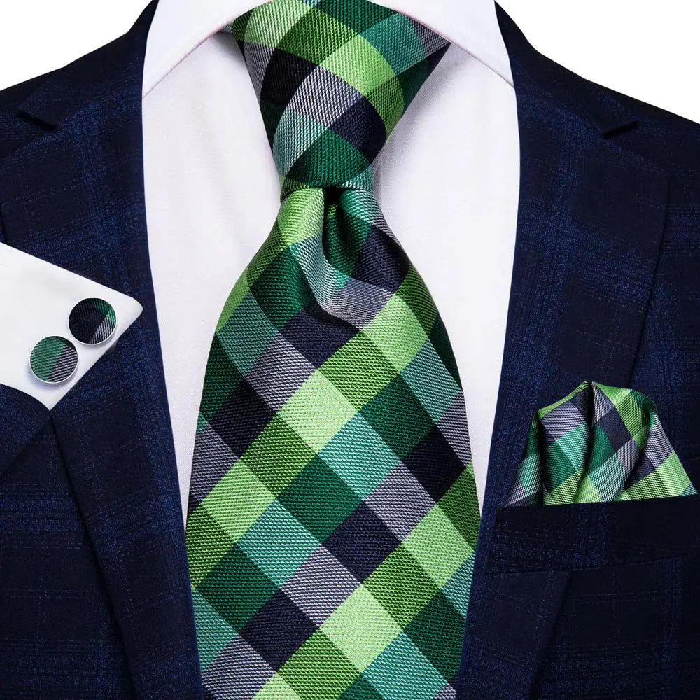 Hi-Tie Plaid Silk Tie For Men Elegant Mens Blue Grey Necktie Pocket Square Cufflink Groom Wedding Accessory Wholesale Designer