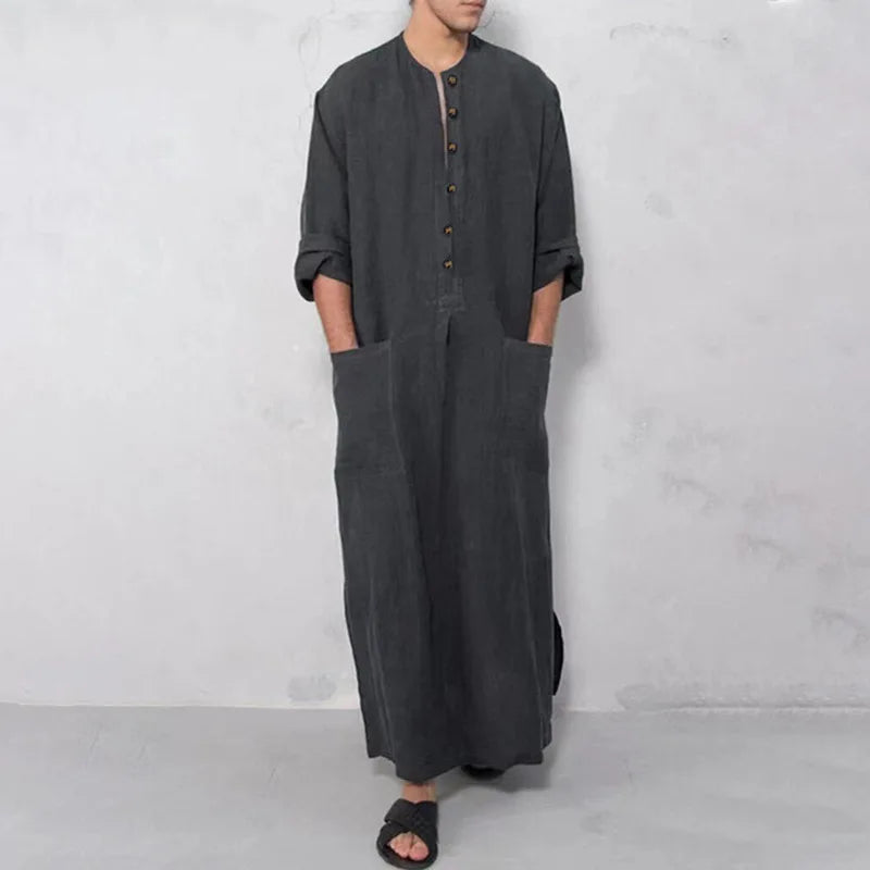 Dubai Style Loose Stand Collar Long Sleeve Thobe Traditional Islamic Casual Wear for Daily Use