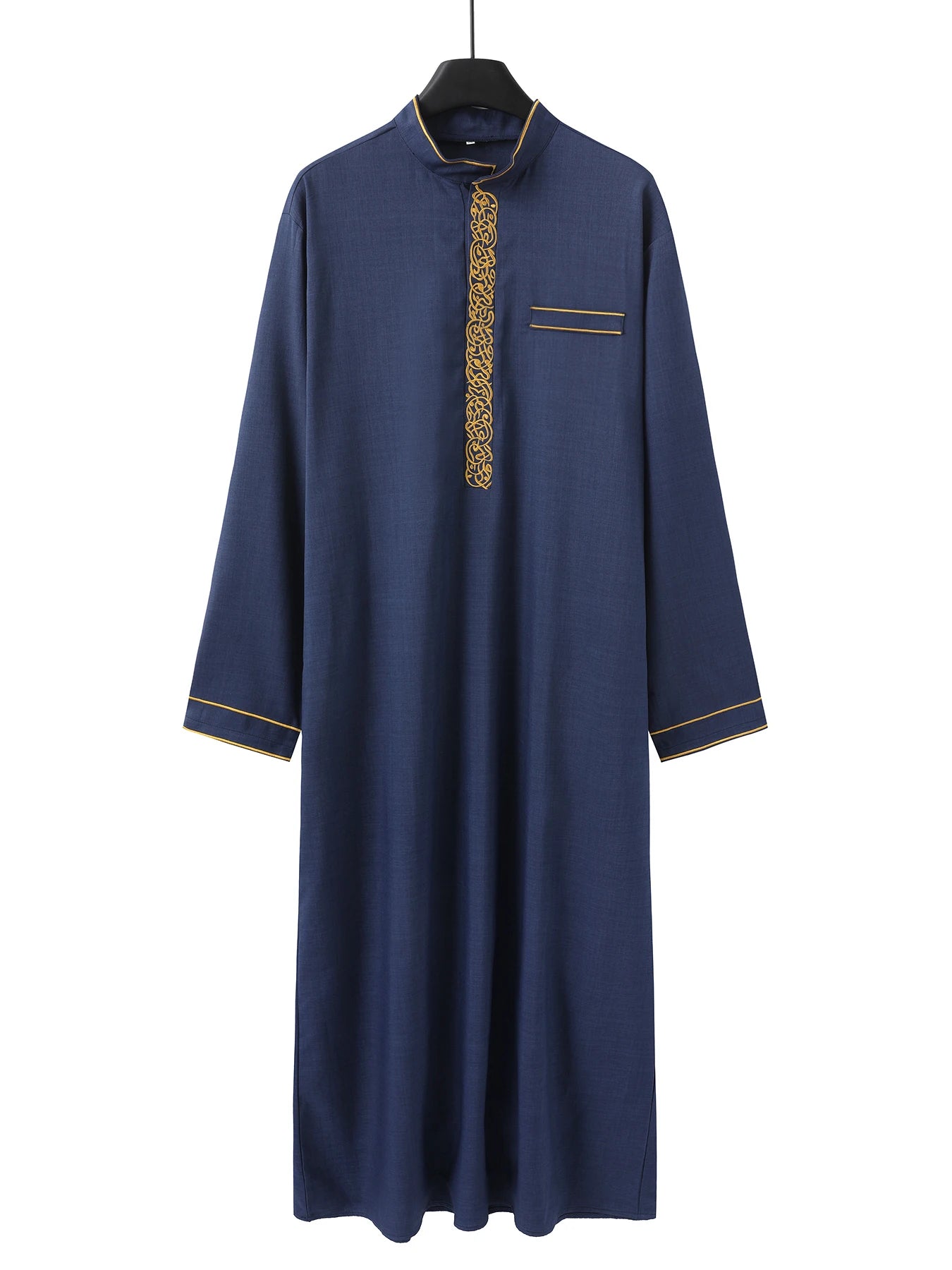 Muslim men's thobe with long sleeves embroidered stand collar Islamic men's loose robe Arab men's traditional clothing