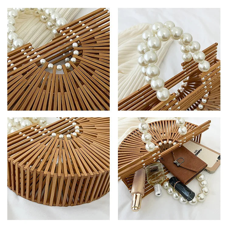 Handmade Fashion Bamboo Handbag Pearl Handle Design Elegant Women Hollow Out Beach Bag Vacation Women Straw Bag Female Bags