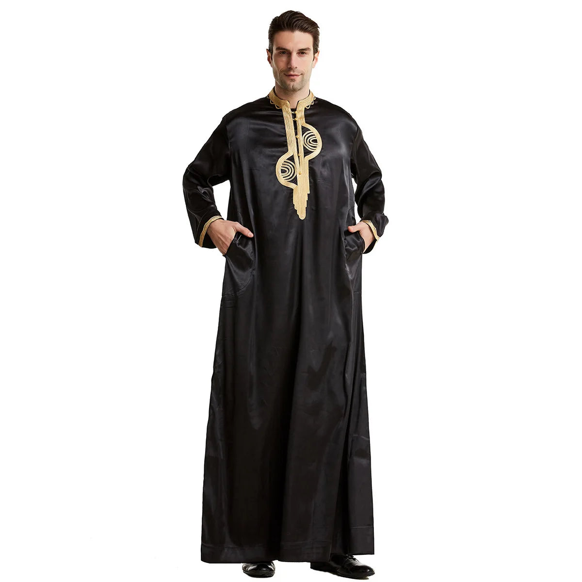 1pcs/lot man fashion embroidery muslim long robe man stand collar long sleeve jubba thobe