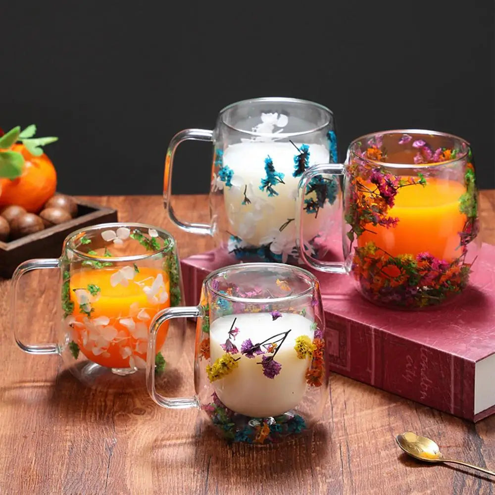 Coffee Mug Double Wall Dried Flower Cup for Coffee Glass Beverage Glasses Tea Mug for Tea Cappuccino Cold Drink flower glass